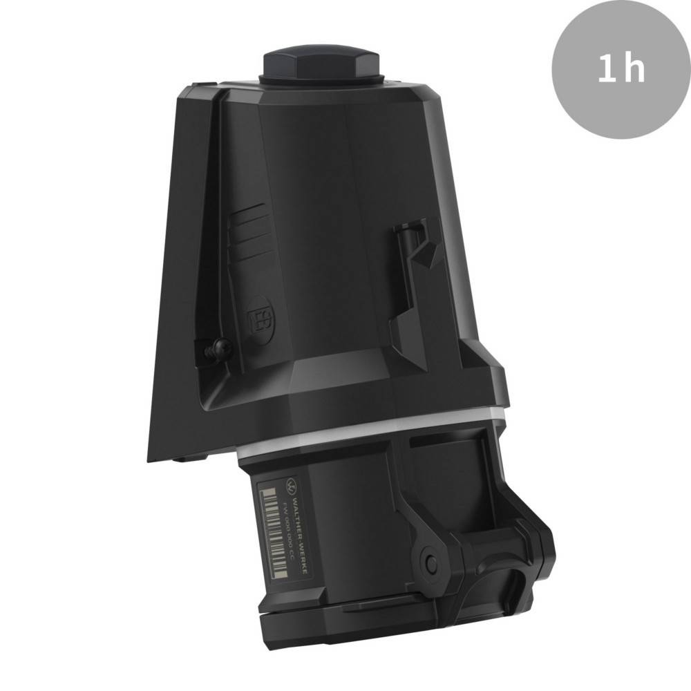 Eine schlanke schwarze Akku-Werkzeugbatterie mit einem '1h' Ladeindikator in der oberen rechten Ecke vor einem weißen Hintergrund.