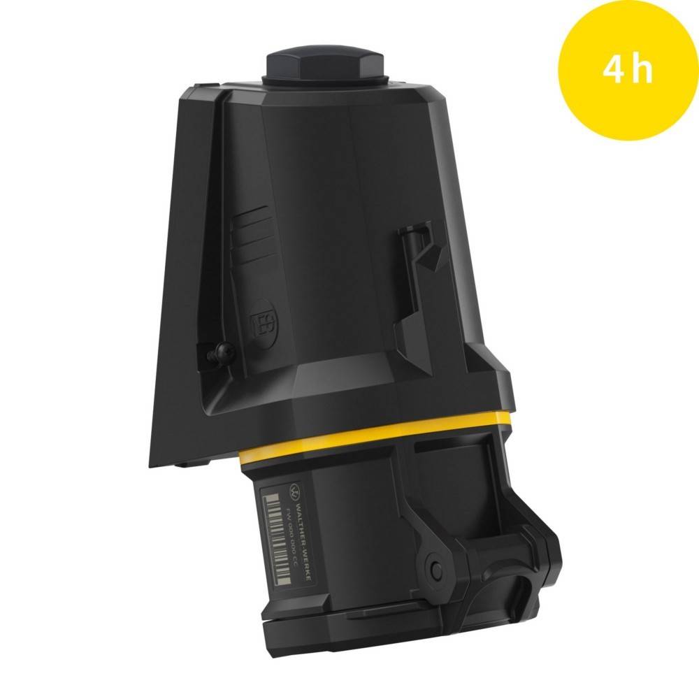 Eine schwarze und gelbe wiederaufladbare Batteriebox mit ‚4h' in einem gelben Kreis, was vier Stunden Ladezeit anzeigt.