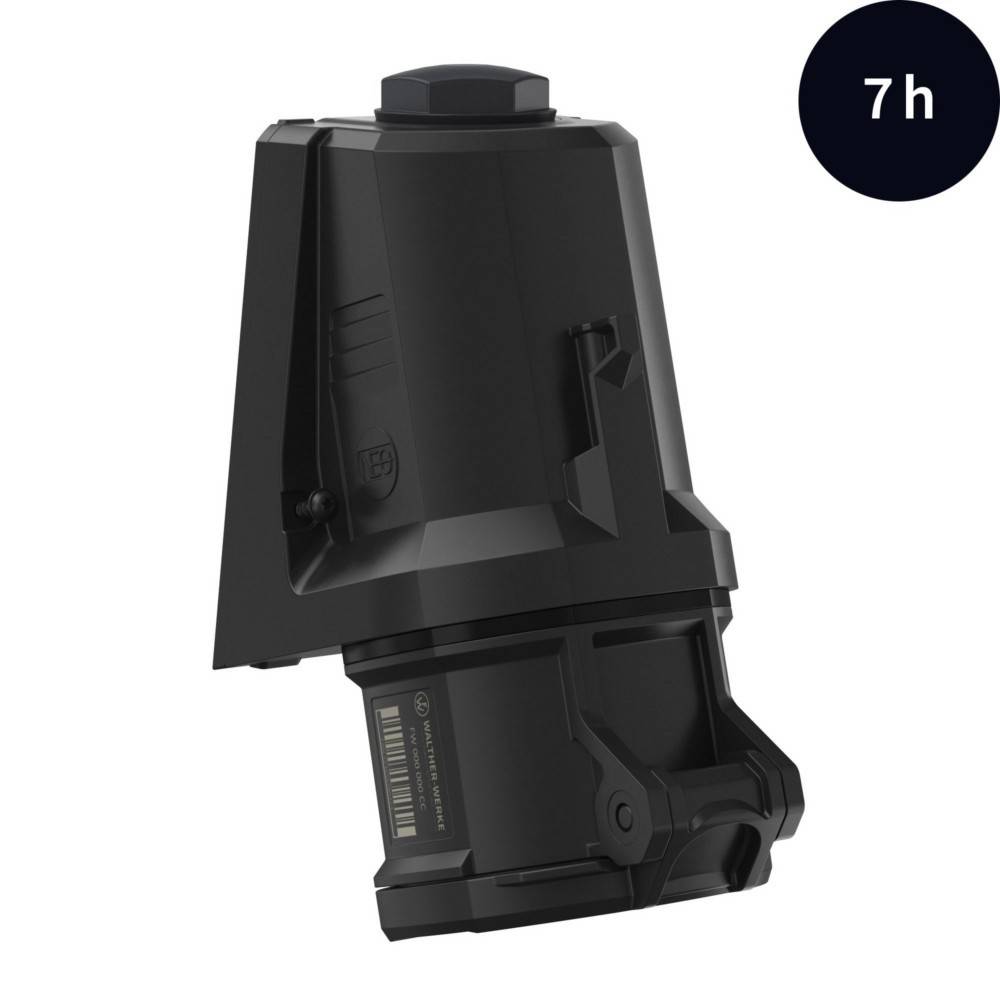 Ein schwarzes, winkeliges Gerät mit einer digitalen Anzeige, die '7h' zeigt; höchstwahrscheinlich eine Batterie- oder strombezogene Komponente.