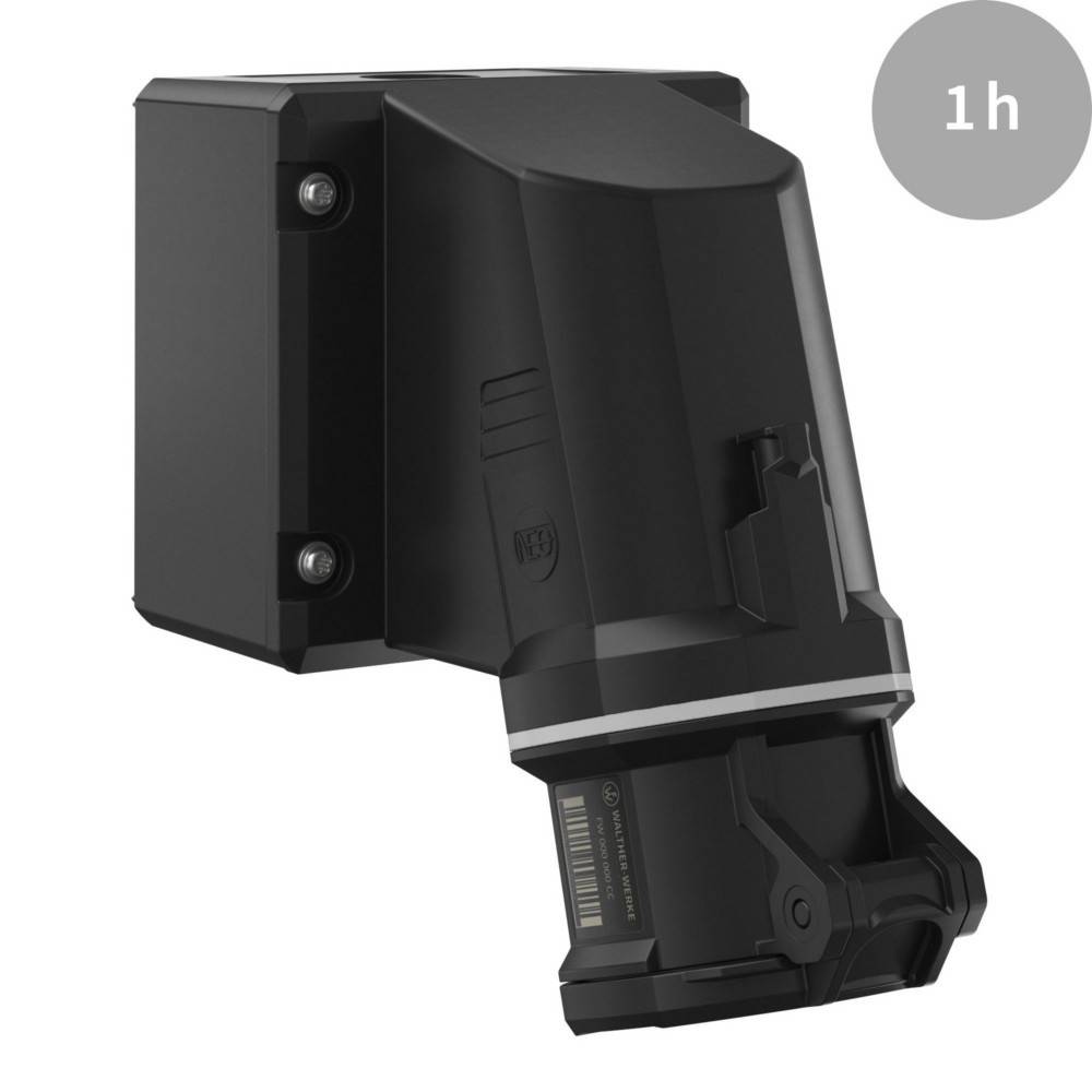 Ein schwarzes rechteckiges Wandgerät mit einem angeschlossenen Modul, das mit einer '1h'-Beschriftung in einem grauen Kreis oben rechts dargestellt wird.