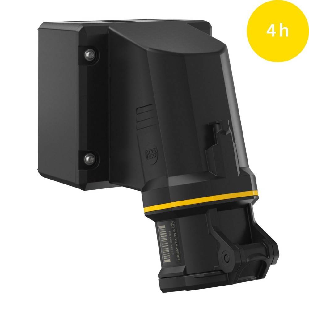 Schwarzer Akku-Werkzeugbatteriepack an einer Ladestation auf weißem Hintergrund, mit einer gelben '4h', die eine Ladezeit von vier Stunden anzeigt.