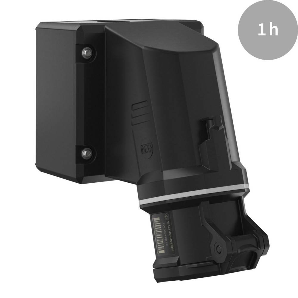 Ein schwarzer, wandmontierter Elektrofahrzeug-Ladegerät mit einer digitalen Anzeige an der Seite.