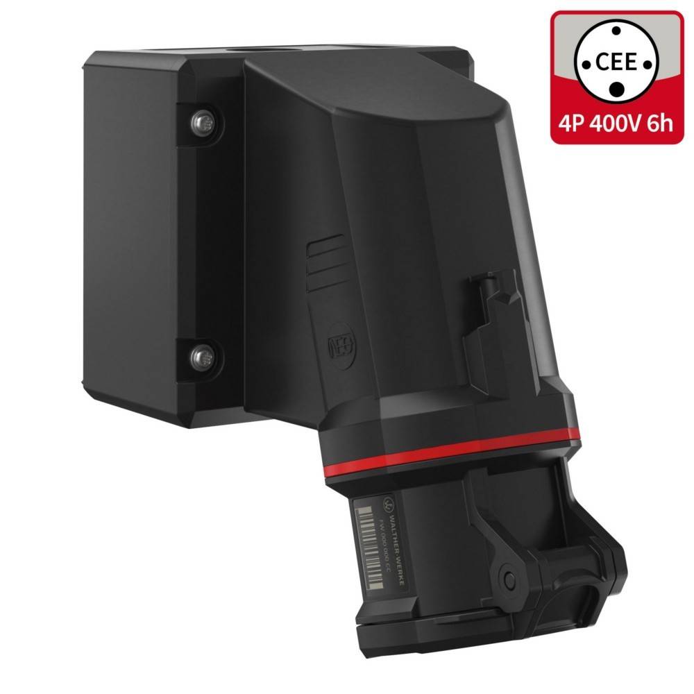 CEE 4P 400V 6h industrielle Elektrosteckdose, schwarz und rot, zur Wandmontage konzipiert, verwendet in Hochspannungsanwendungen.