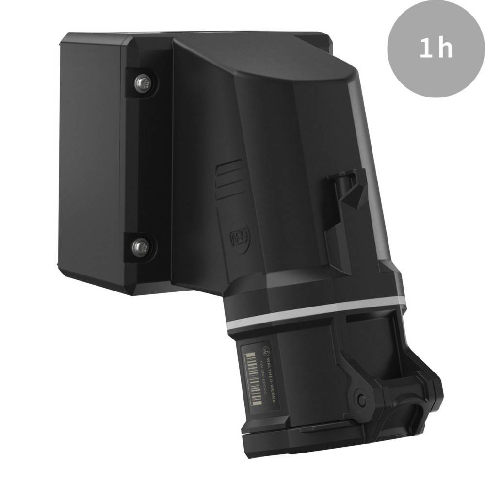 Ein schwarzer elektrischer Fahrzeug-Wandlader mit Montagebügel, in der oberen rechten Ecke mit '1h' beschriftet, was eine Ladedauer von einer Stunde anzeigt.