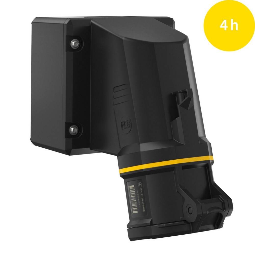 Eine schwarze Sicherheitskamera mit einem gelben Akzent ist an einer schwarzen Wandhalterung montiert. Ein gelber Kreis in der oberen rechten Ecke zeigt '4h'.