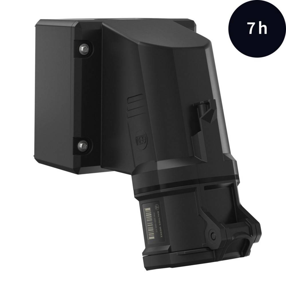 Schwarzes rechteckiges elektronisches Gerät mit Halterung, aufrecht stehend, auf weißem Hintergrund. Eine kreisförmige Ikone zeigt '7h'.