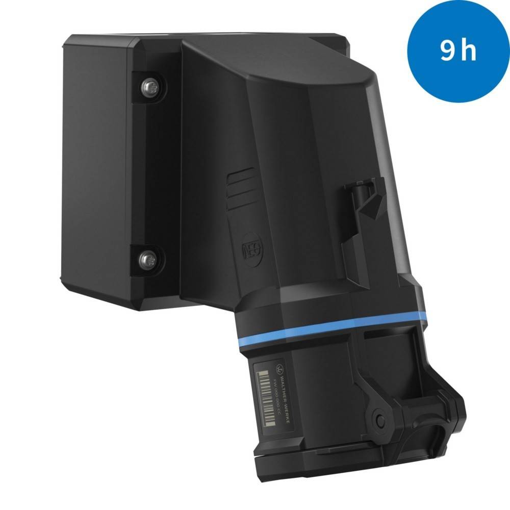 Ein schwarzer wandmontierter Laserpprojektor mit blauem Akzent und '9h' in einem blauen Kreis.