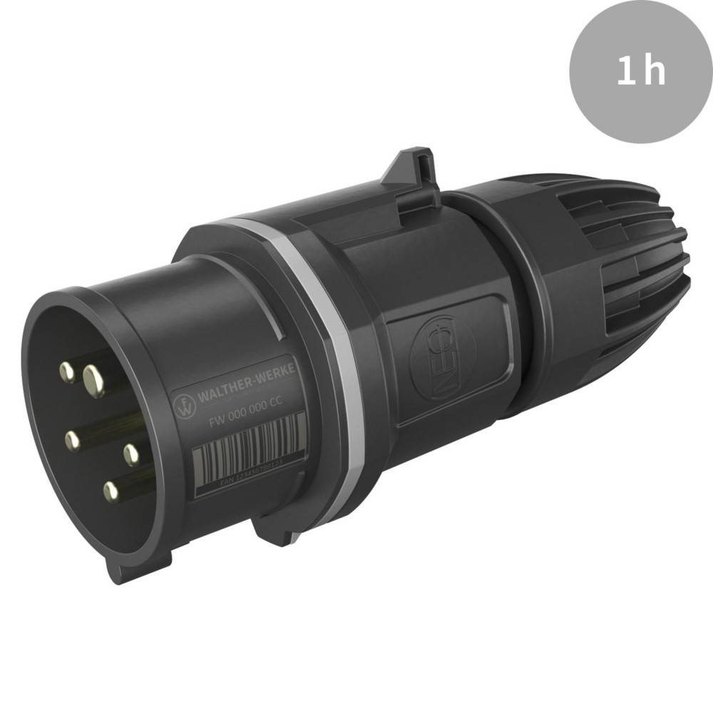 Ein schwarzer industrieller Stecker mit drei runden Stiften, konzipiert für robuste elektrische Verbindungen. Ein grauer Kreis in der Ecke zeigt '1h'.