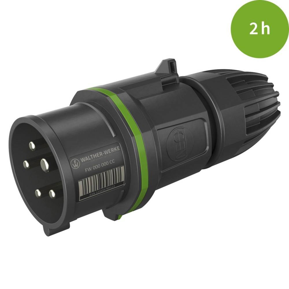 Ein schwarzer industrieller Stecker mit grünem Akzent, ausgestattet mit einem runden Anschluss mit mehreren Pins. Ein grüner Kreis in der Ecke zeigt '2h'.