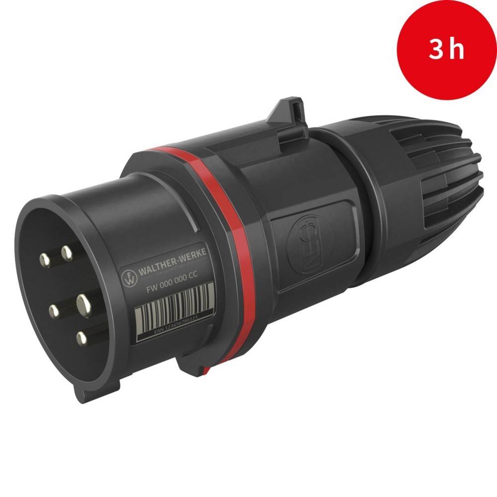 Ein schwarzer und roter industrieller Stecker mit einem Barcode wird auf weißem Hintergrund gezeigt. Ein roter Kreis mit '3h' zeigt die Dauer oder Zeit an.