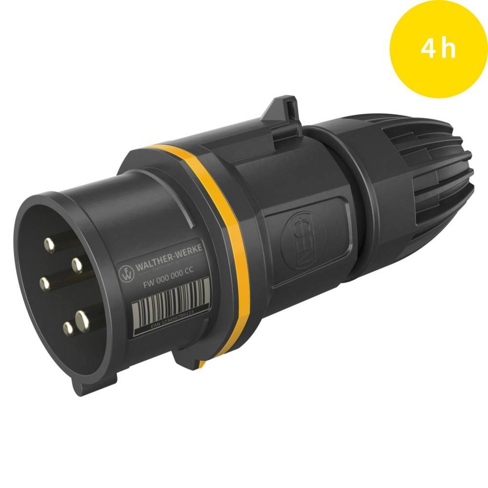 Ein schwarzer industrieller Elektroanschluss mit einem gelben Ring, in der Ecke mit '4h' beschriftet, entwickelt für robuste Stromverbindungen.