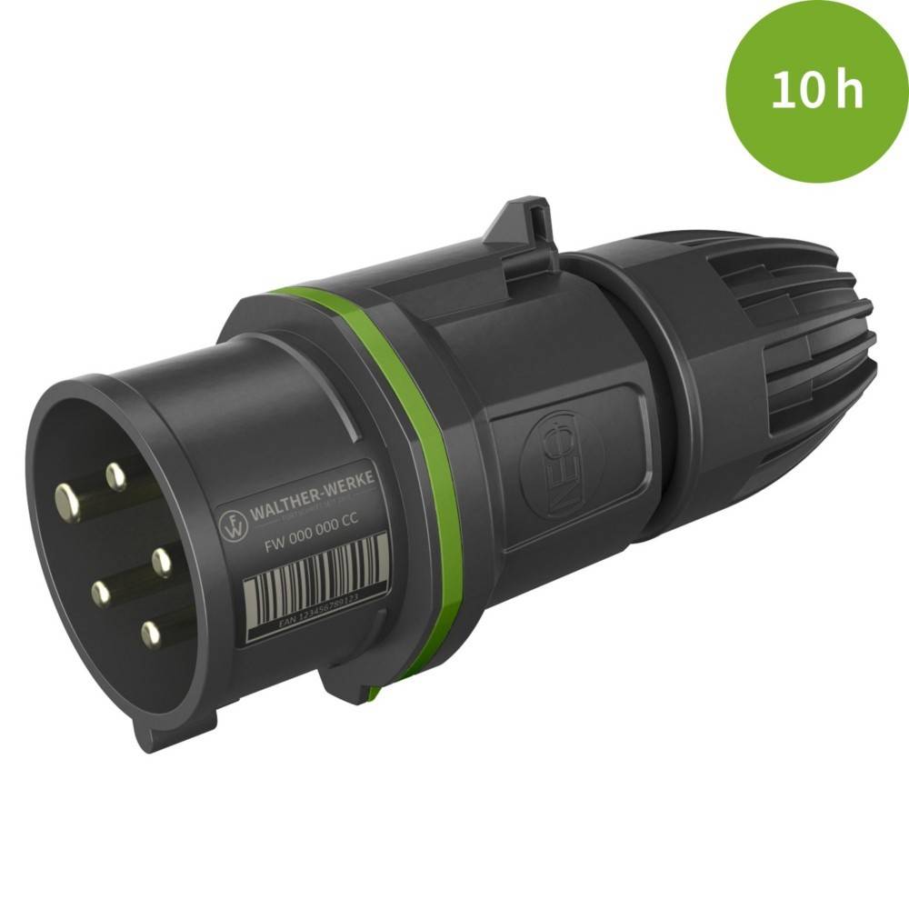 Schwarzer und grüner Industrieverbinder mit grünem Kreis und '10h'-Text, der die Dauer anzeigt. Beinhaltet 5 Stifte und Barcodel-Etikett.