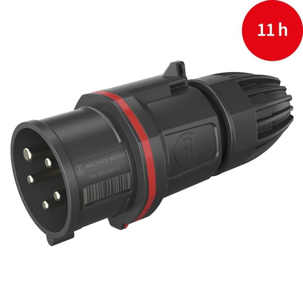 Schwarzer und roter Elektrostecker mit vier Stiften. Kreisförmiges Design. Roter Kreis mit dem Text '11 h', der die Dauer oder Batterielaufzeit anzeigt.