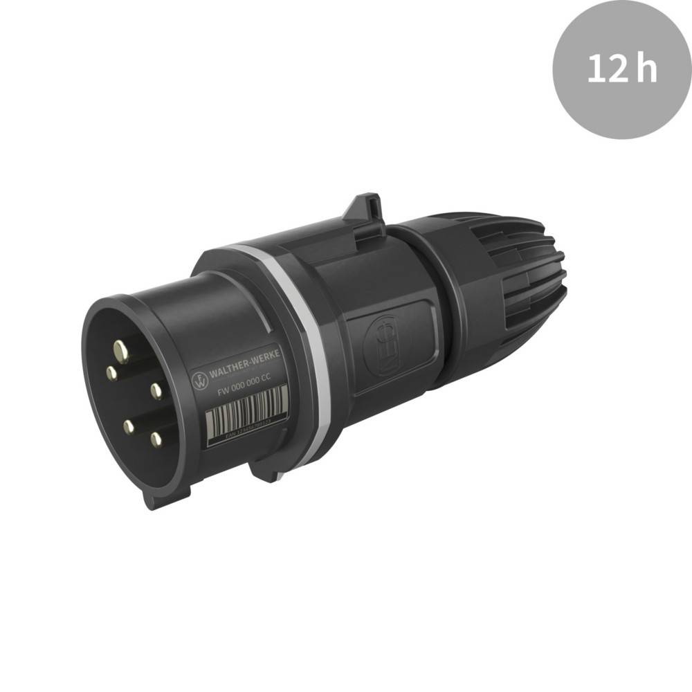 Industrieller Stromstecker-Anschluss mit 3-polig-Konfiguration, geeignet für Hochspannungsanwendungen. Etikett zeigt '12 h'.