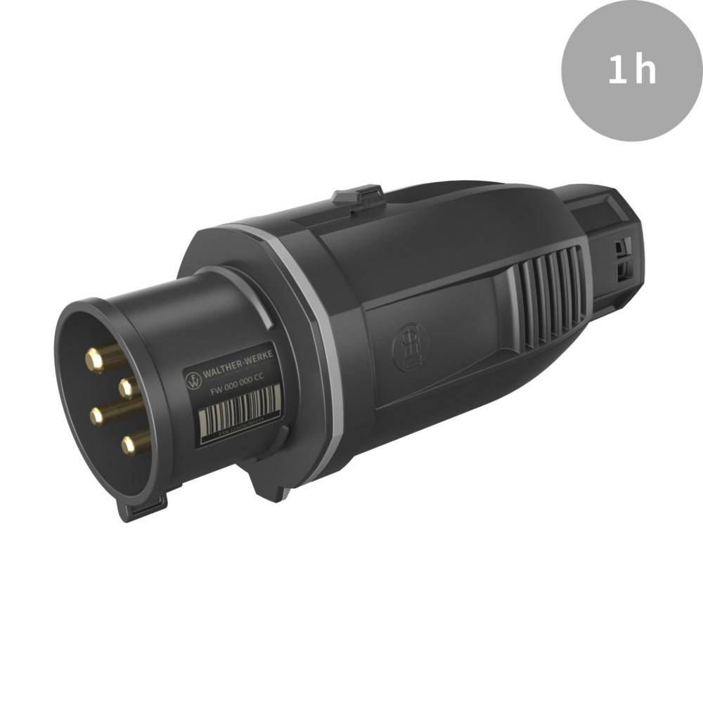 Schwarzer Elektrostecker mit drei goldenen Stiften, gekennzeichnet für eine Ladedauer von einer Stunde, entwickelt für Einsätze mit hoher Beanspruchung.