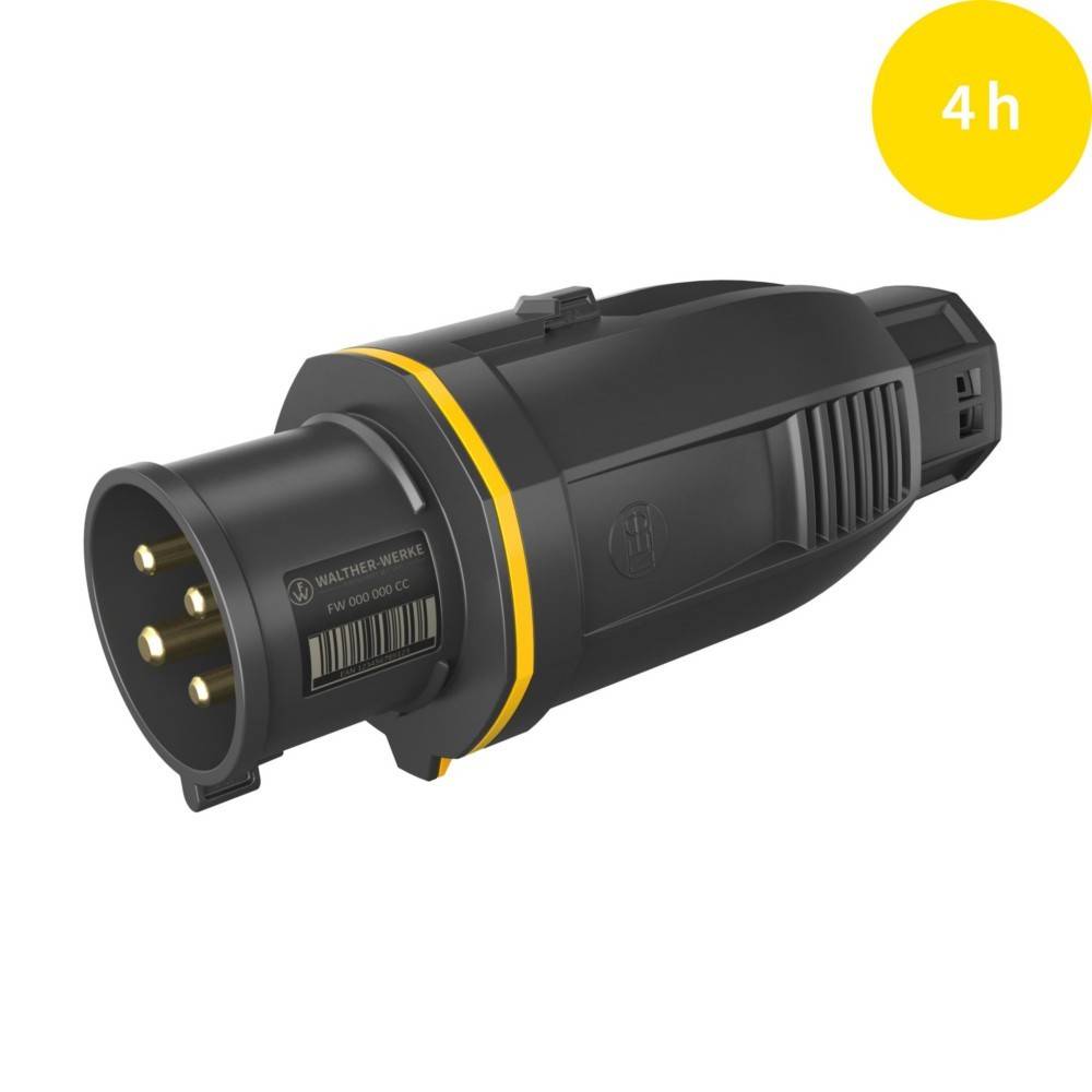 Ein schwarzer und gelber elektrischer Ladestecker mit einer Beschriftung, die '4h' anzeigt und auf eine Ladezeit von vier Stunden hinweist.