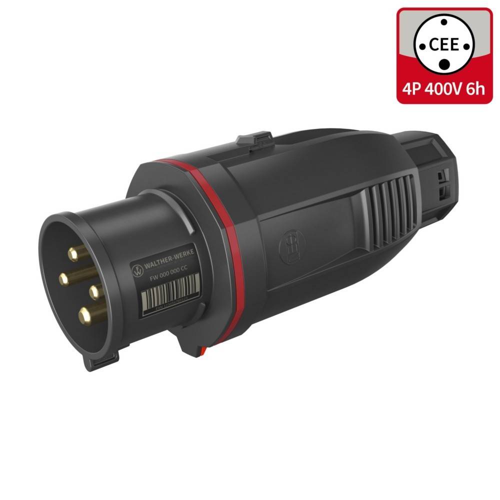 CEE 4P 400V 6h' beschrifteter industrieller Stecker in Schwarz und Rot, ausgestattet mit vier runden Stiften und robuster Bauweise für kraftstromsichere elektrische Verbindungen.