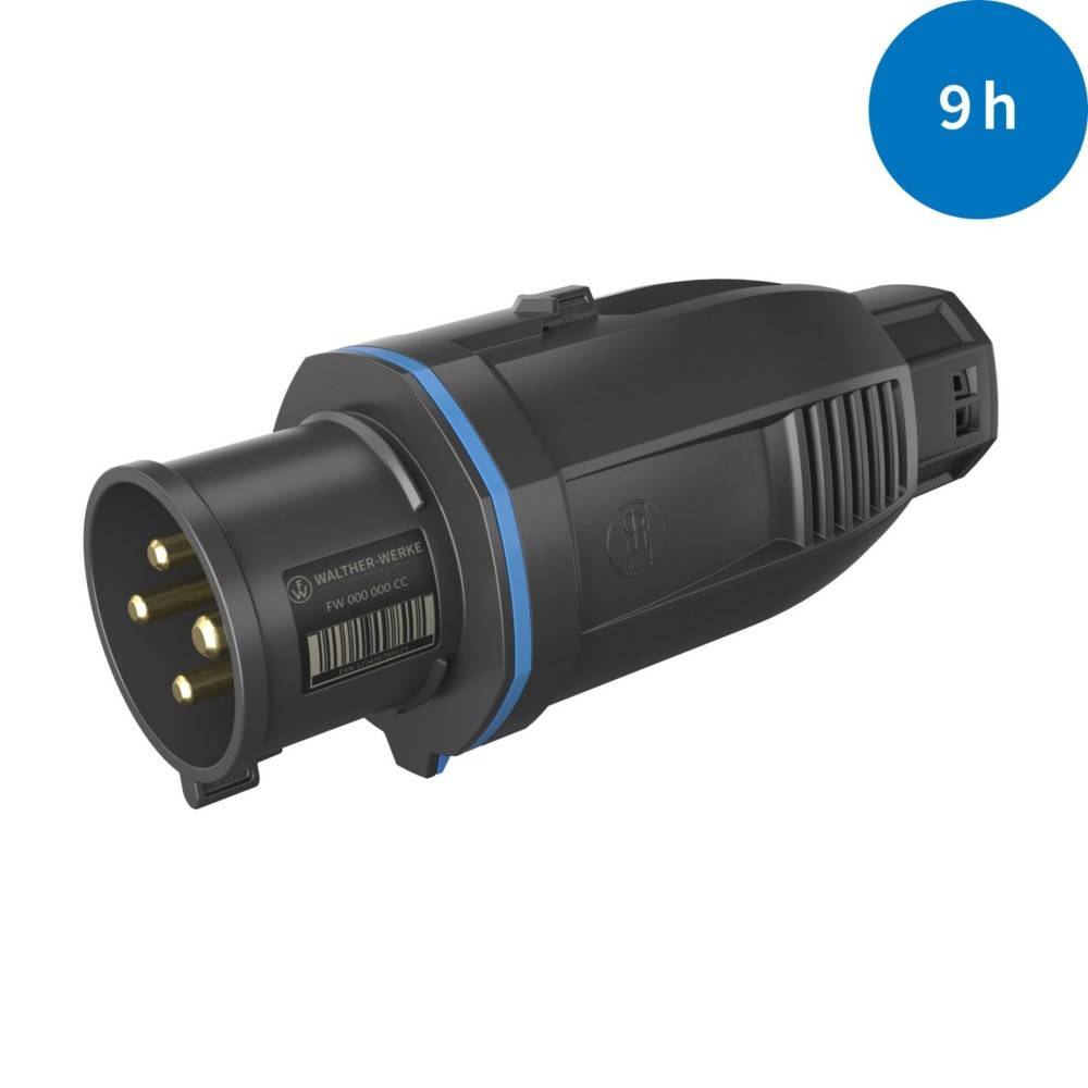 Ein schwarzer und blauer elektrischer Ladestecker mit der Beschriftung '9h' in einem blauen Kreis, der 9 Stunden bis zur Vollladung anzeigt.