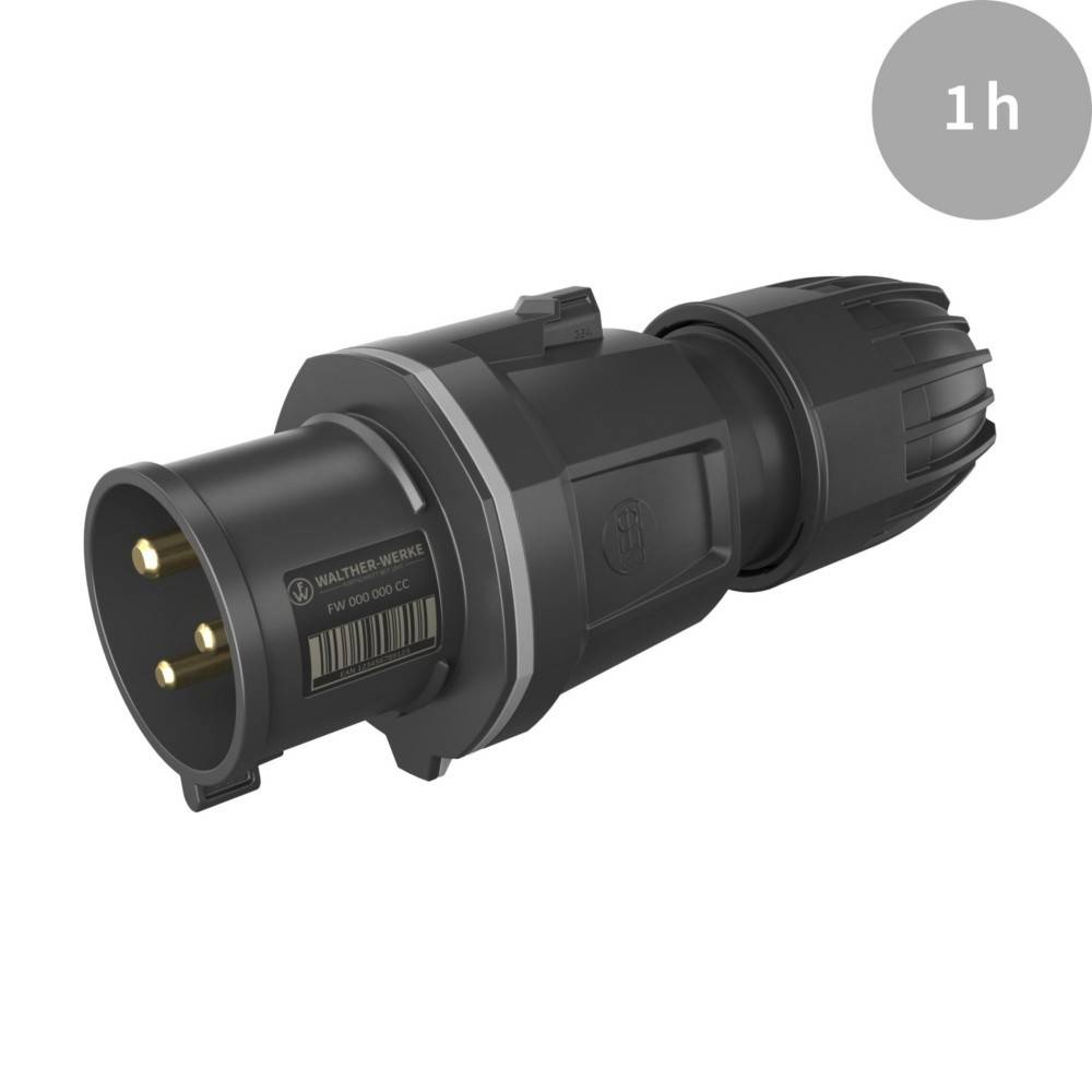 Ein schwarzer industrieller Stecker mit drei Stiften, gekennzeichnet mit '1h' in einem grauen Kreis in der oberen rechten Ecke, was eine Nutzungsdauer von einer Stunde anzeigt.