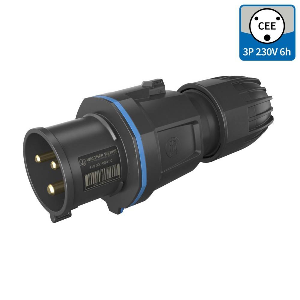 Ein schwarzer industrieller Stromstecker mit drei goldenen Kontakten, gezeigt mit einer abnehmbaren Abdeckung, beschriftet mit 'CEE 3P 230V 6h' auf einem blauen Abzeichen.