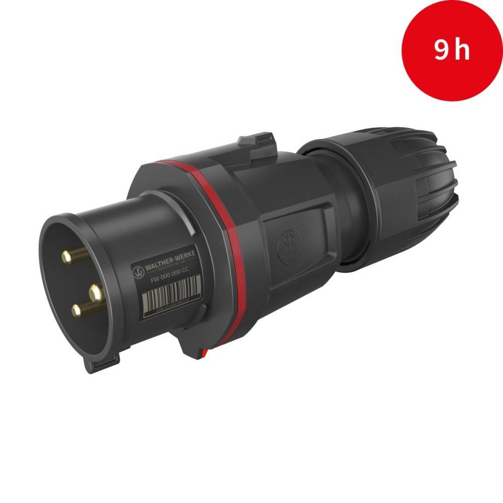 Ein schwarzer und roter Steckverbinder mit einer 9-Stunden-Beschriftung in einem roten Kreis, der die Verbindungsdauer oder Batterielaufzeit anzeigt.