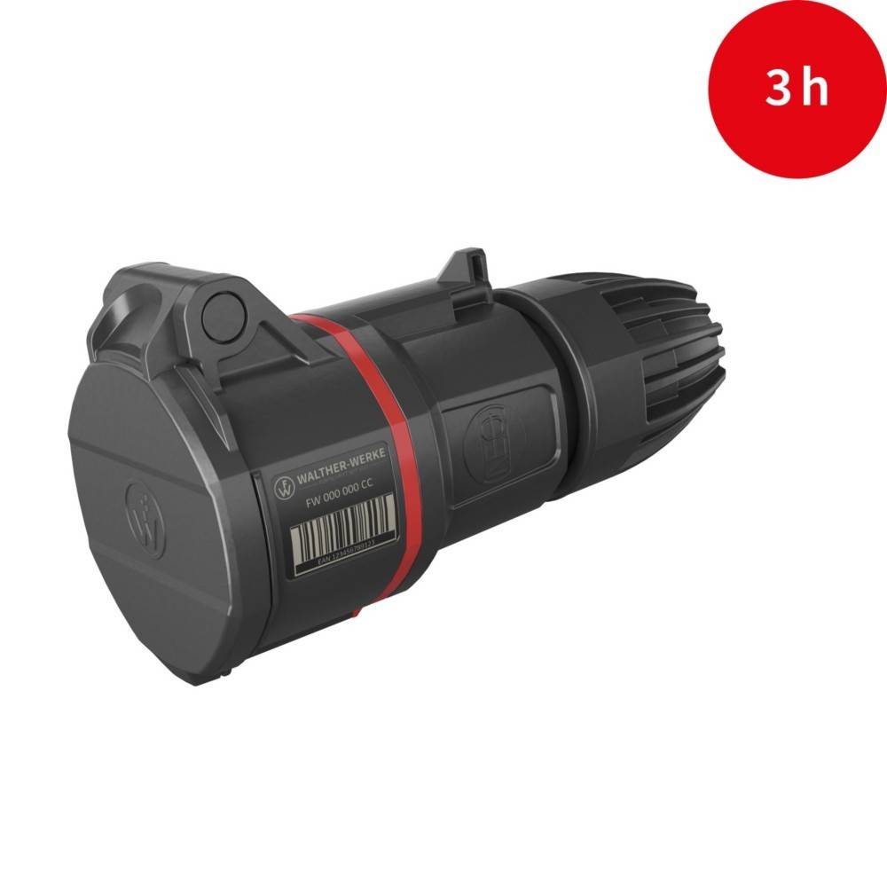 Schwarze Taschenlampe mit roten Akzenten, beschriftet mit ‚Walther Werke FW 600 000 006 C'. Roter Kreis oben rechts zeigt ‚3h' Laufzeit an.