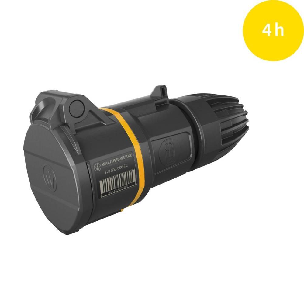 Eine schwarze und gelbe Taschenlampen-Batterie mit Etikett, auf weißem Hintergrund isoliert. Ein gelber Kreis oben rechts zeigt '4h'.