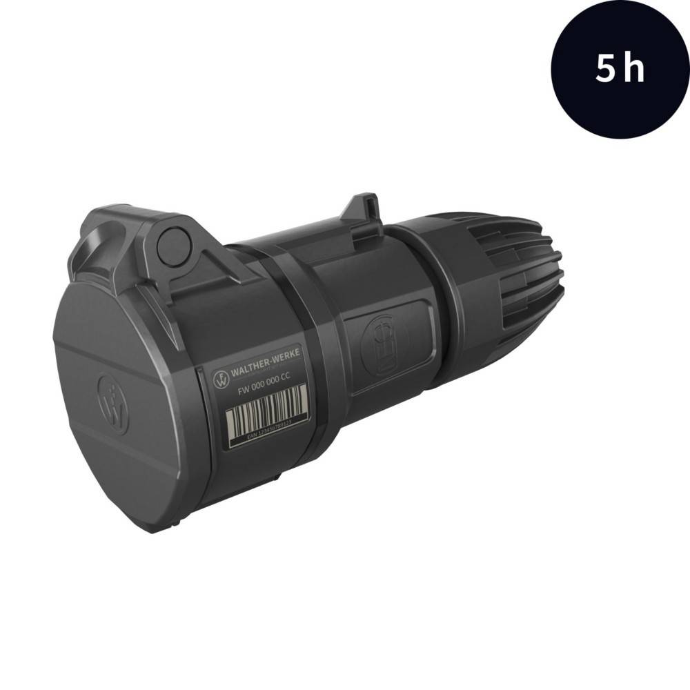 Eine schwarze, kompakte Taschenlampe mit einem digitalen Display, das '5h' anzeigt und damit Batterielaufzeit oder Nutzungszeit signalisiert.