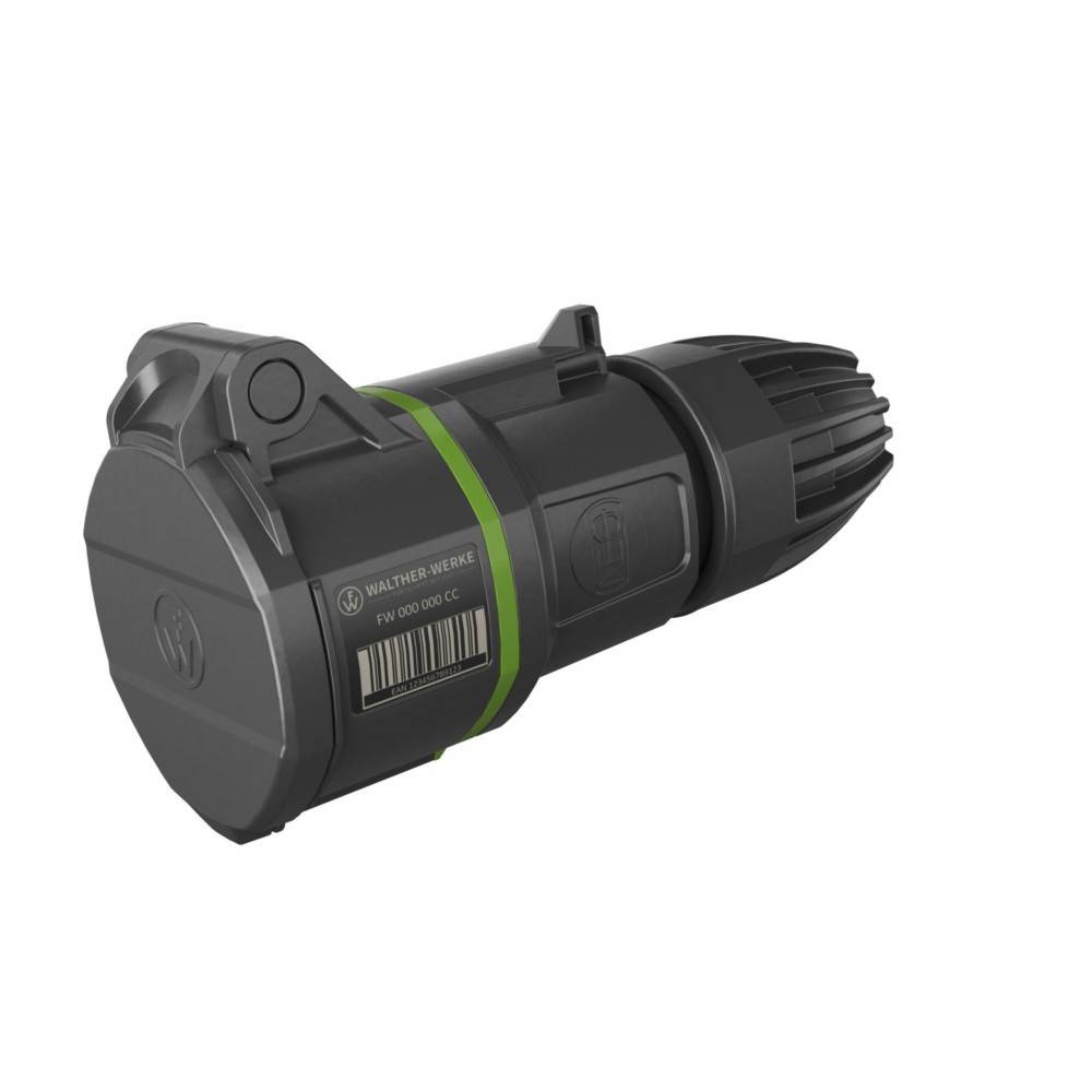 Ein schwarzer und grüner zylindrischer Wasserzähler mit einem Barcode und der Beschriftung 