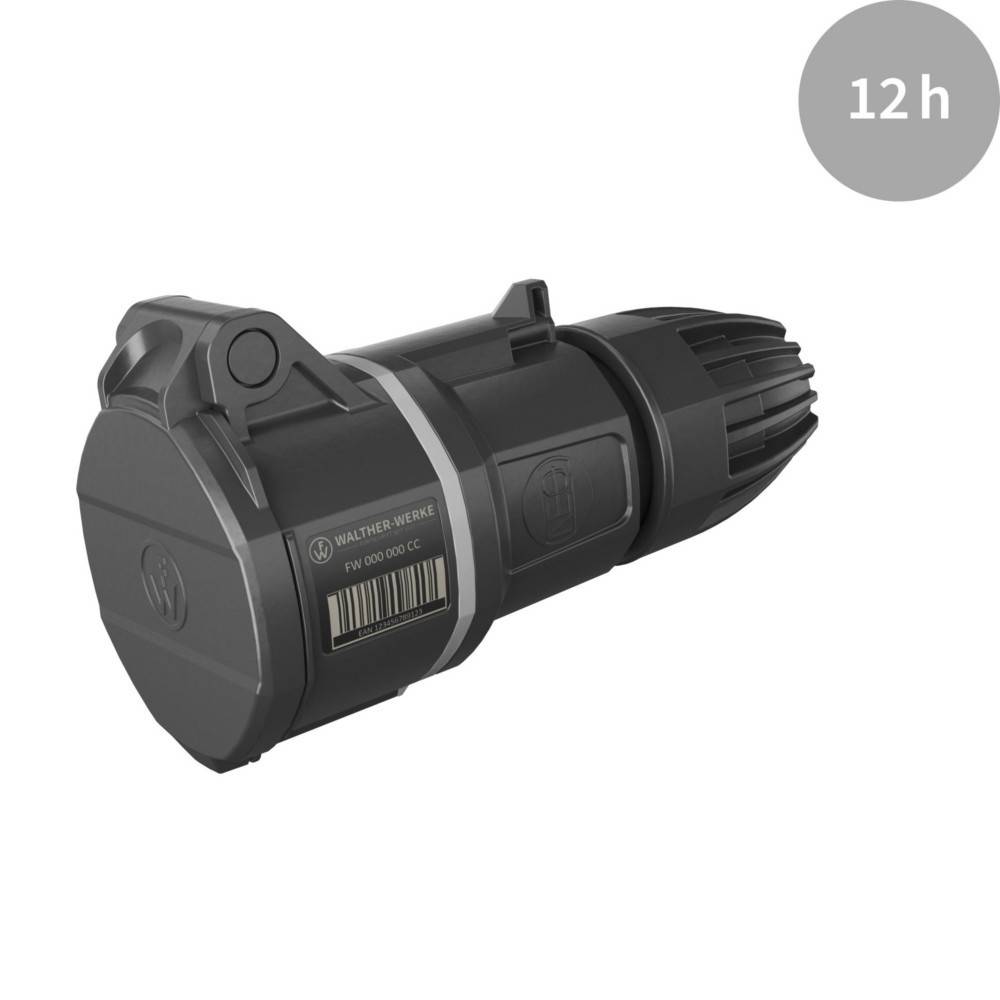 Ein schwarzes Gerät mit zylindrischer Form, versehen mit einem generischen Markenetikett und einem Barcode. Eine kleine Grafik zeigt eine Nutzungsdauer von '12 h' an.