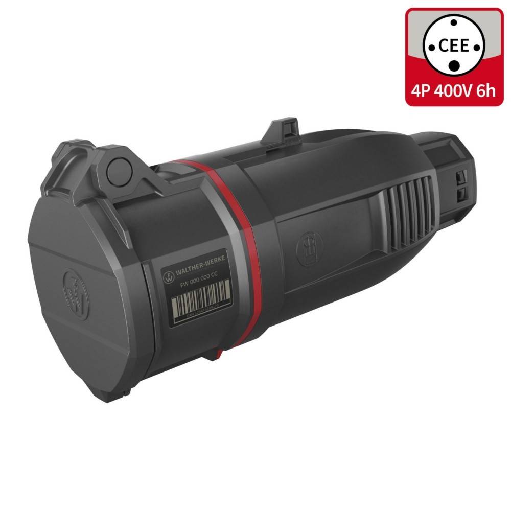 Ein schwarzer industrieller Verbinder mit einem roten Band, konstruiert für CEE 4P 400V 6h Stromversorgungsanwendungen. Ein Etikett zeigt die Spezifikationen.