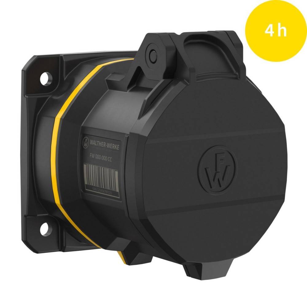 Schwarze industrielle Steckdose mit einem gelben Etikett, das '4h' zeigt und eine bestimmte Ausrichtung oder Funktion angibt.