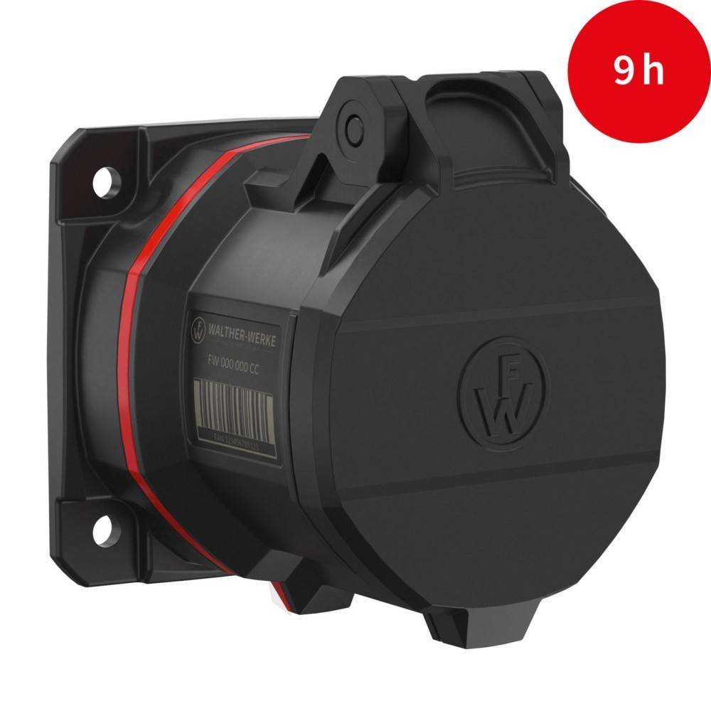 Ein schwarzer industrieller Stecker mit einem roten Streifen, versehen mit einem Walther-Logo. Ein roter Kreis in der oberen rechten Ecke zeigt '9h' in Weiß.