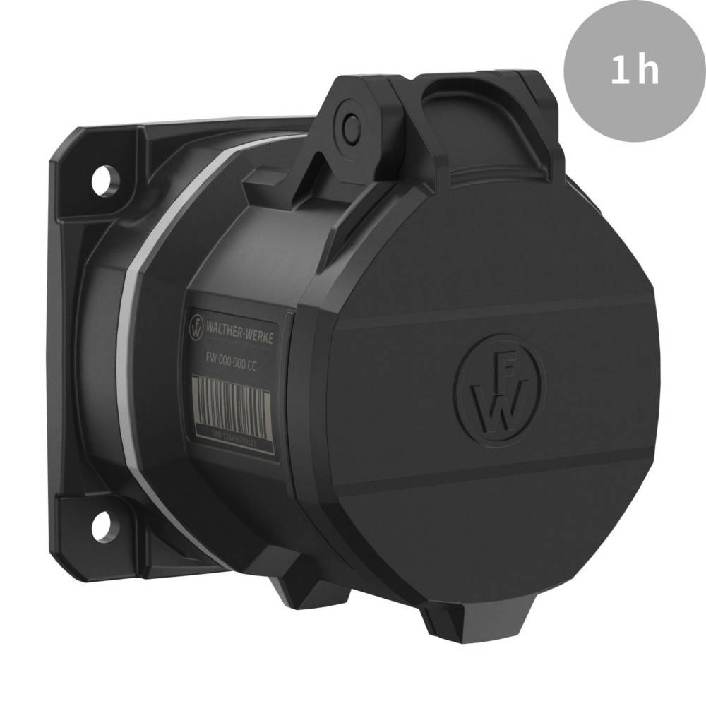 Industrielle Wandsteckdose in Schwarz mit Schutzabdeckung, die auf ihrer Seite eine Zertifizierungsetikette trägt.