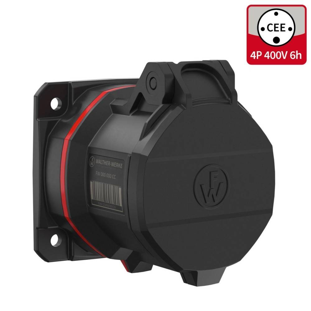 Eine schwarze industrielle Steckdose mit Schutzdeckel, ausgelegt für 400V, 4-polige Anschlüsse. CEE-Standard, IP44 geprüft.