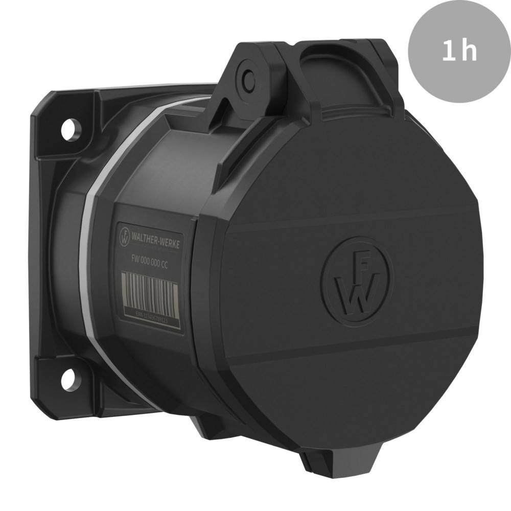 Schwarze kreisförmige industrielle Steckdose mit der Beschriftung 1h, mit Schutzdeckel, entwickelt für robuste elektrische Anschlüsse, auf einer Platte montiert.