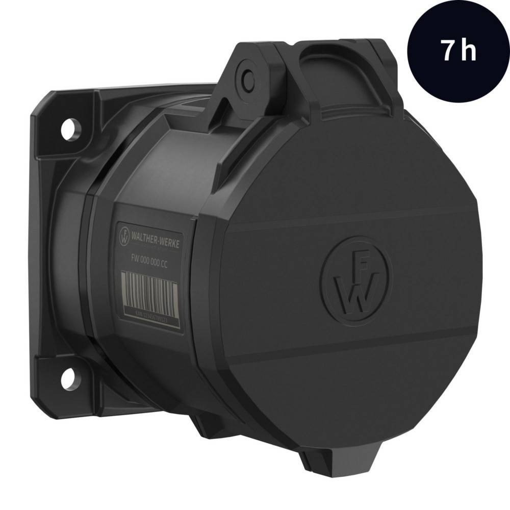 Eine schwarze Walther Werke Ladebuchse mit geschlossenem Deckel, beschriftet mit ‚F.-W.', und einer ‚7h' Kennzeichnung in der oberen rechten Ecke.