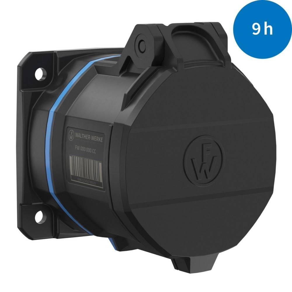 Schwarze Wandsteckdose von 'WALTHER WERKE' mit einer runden Abdeckung. Ein blauer Kreis oben rechts zeigt '9h'.