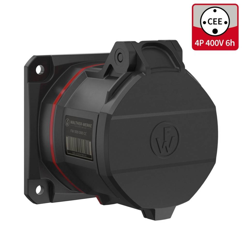 Industriesteckdose 'CEE 4P 400V 6h' mit einer kreisförmigen schwarzen Gestaltung, mit Schrauben zur Befestigung gesichert und mit roten Akzenten.