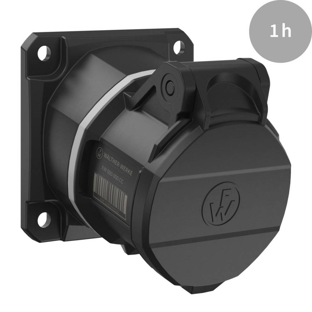 Walther Werke' schwarzer industrieller Stecker in einer kastenähnlichen Halterung mit Abdeckung. Eine kreisförmige Beschriftung '1h' erscheint in der oberen rechten Ecke.