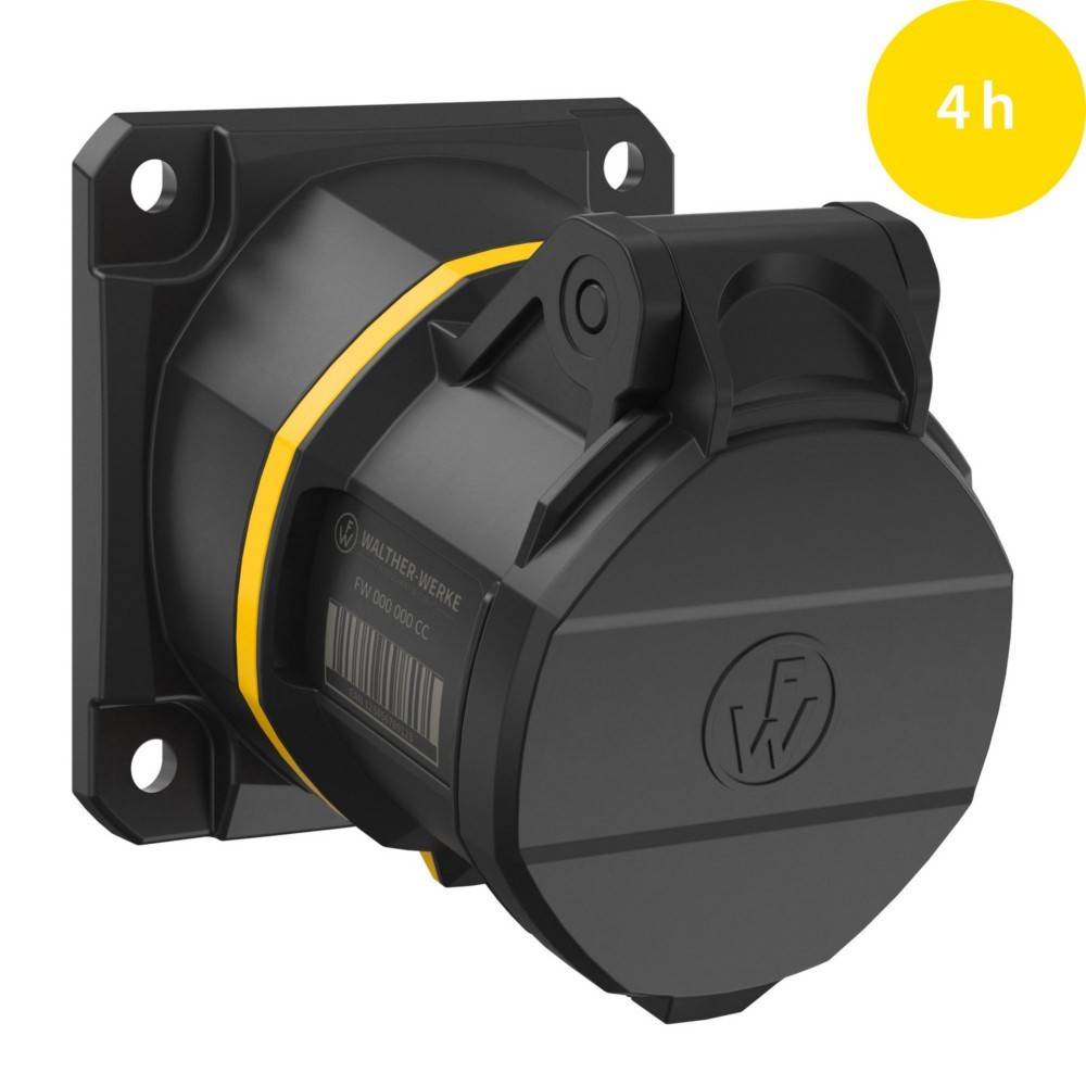 Schwarze industrielle Steckdose mit gelber Einfassung, mit '4h' in einem gelben Kreis oben rechts, die die Eignung für bestimmte elektrische Anwendungen anzeigt.
