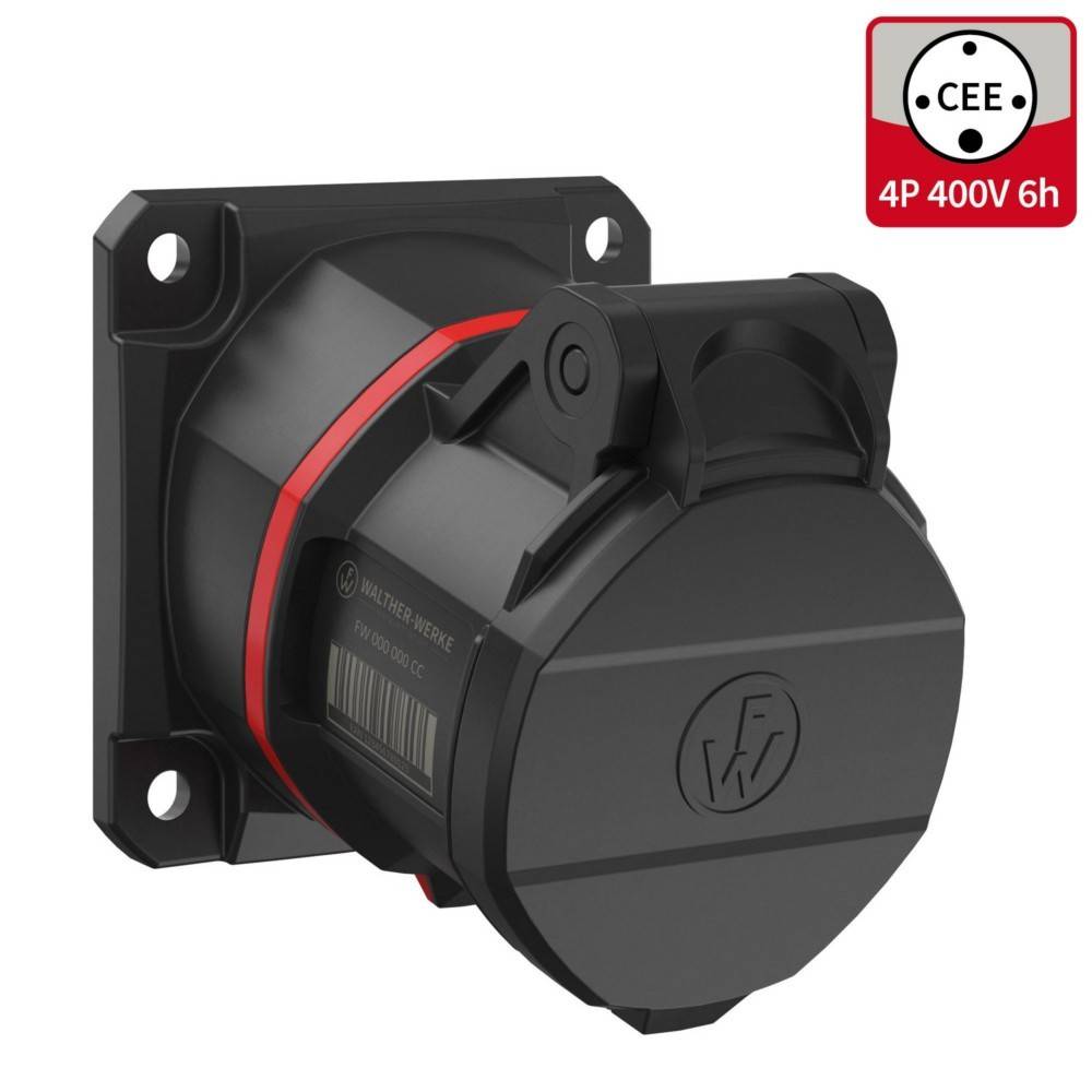 Eine schwarze industrielle Wandsteckdose mit einem roten Ring, gekennzeichnet mit 'CEE 4P 400V 6h', entwickelt für Hochspannungsanschlüsse.