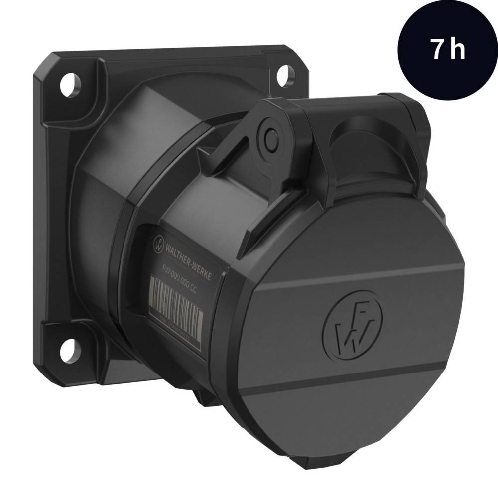 Walter Werner FP P104022 1C' elektrische Komponente mit einer runden, schwarzen Konstruktion, wandmontierbar mit einer Klappabdeckung. Text oben rechts '7h'.
