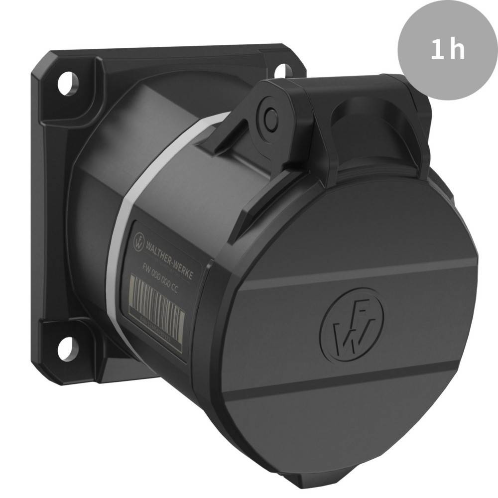 Eine Nahaufnahme einer schwarzen, wandmontierte Steckdose mit geschlossenem Deckel. Ein '1h' Icon in der Ecke deutet möglicherweise auf die Ladezeit hin.