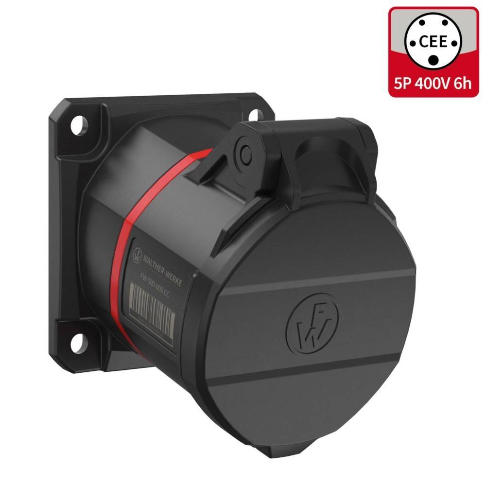 Schwarze Steckdose, wandmontiert, mit Beschriftung CEE 5P 400V 6h, mit Schutzdeckel, geeignet für industrielle Anwendungen.