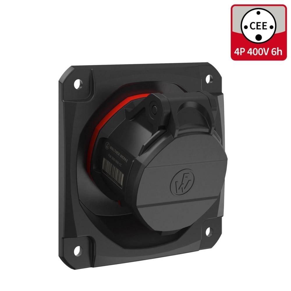 Schwarze und rote CEE 4P 400V 6h Industriesteckdose, die auf einer quadratischen Grundplatte montiert ist. Etiketten zeigen Spezifikationen für den kommerziellen Einsatz.