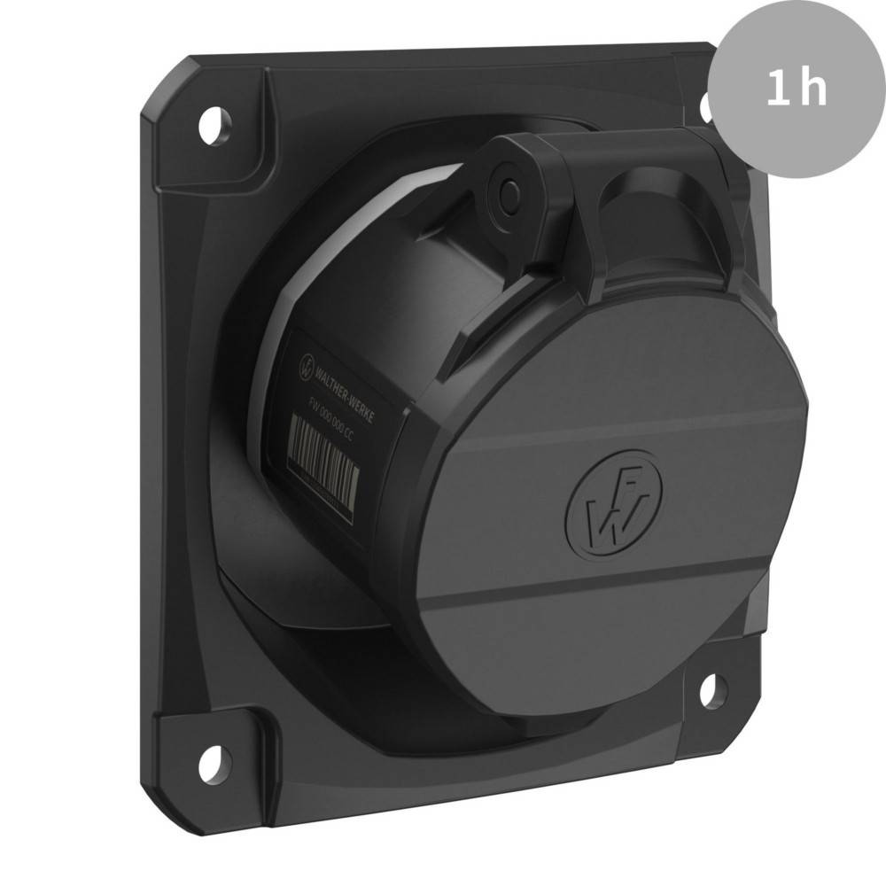 Schwarze wandmontierte Ladesteckdose mit einer klappbaren Abdeckung. Etikett zeigt 'One hour' in einem grauen Kreis darüber.