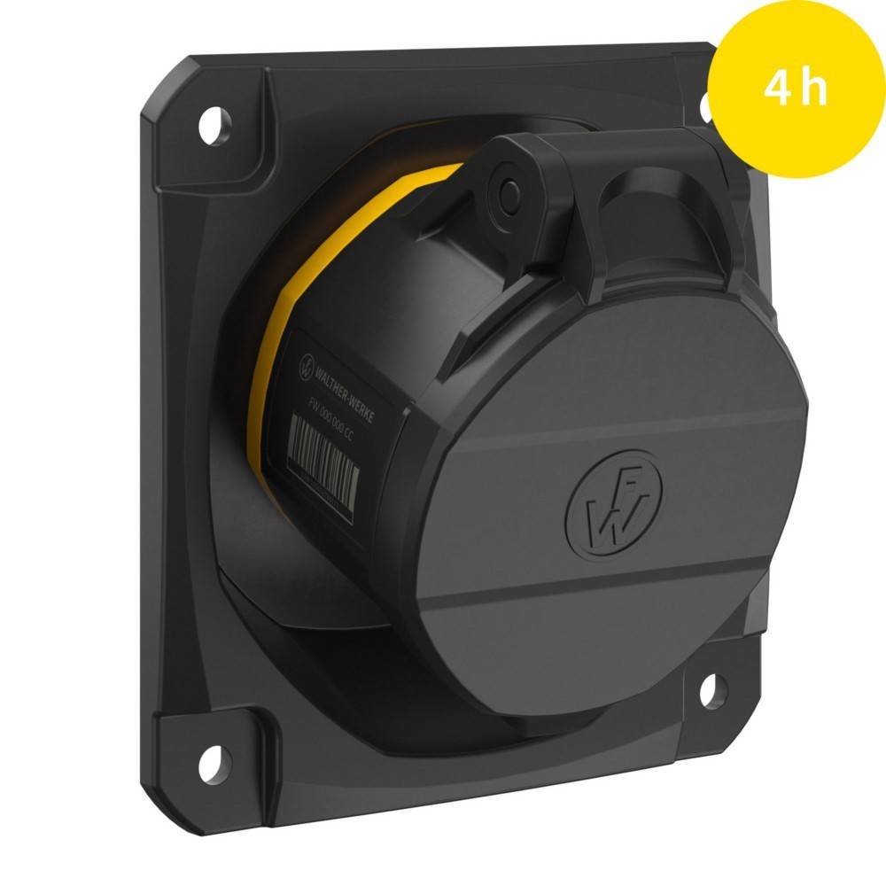Ein schwarzer und gelber Industriestecker mit Abdeckung, auf einer Wandplatte montiert. Ein gelber Kreis in der Ecke zeigt '4h'.