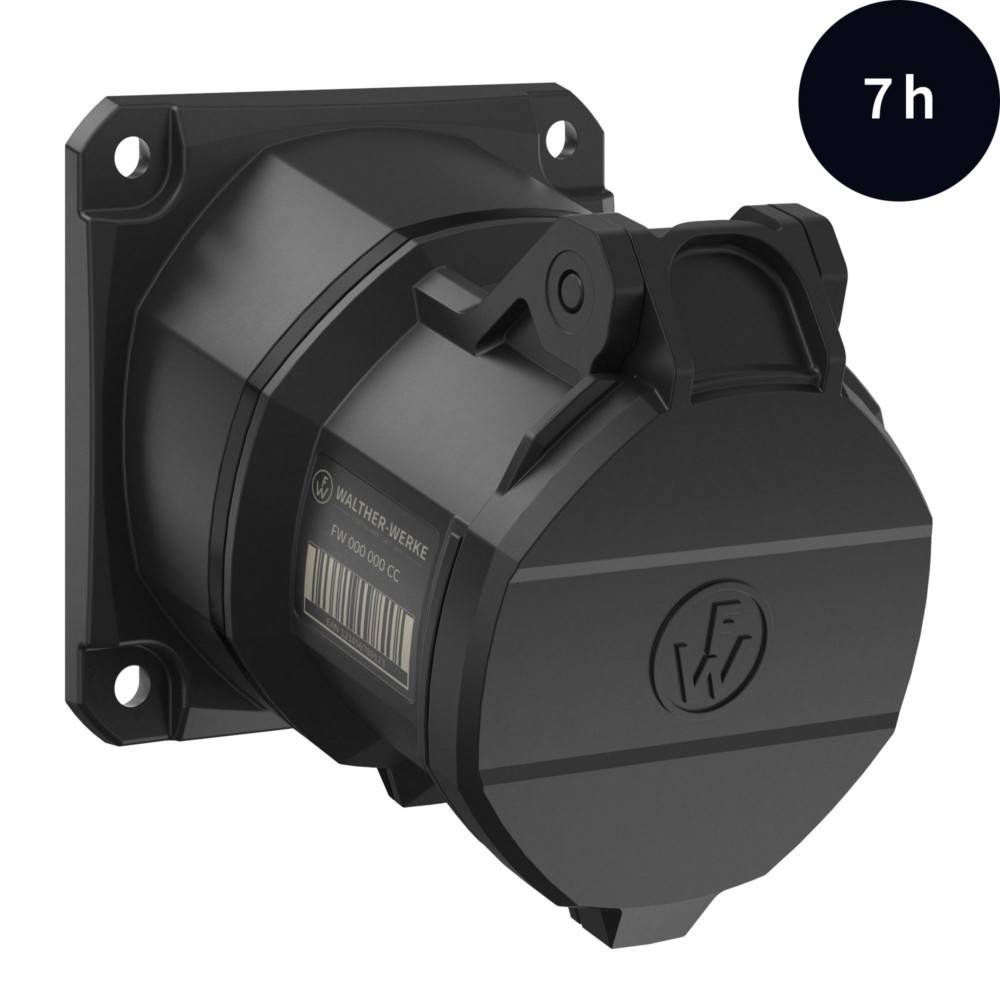 Schwarzer, industrieller Wandmontage-Stecker mit Walther-Werke-Beschriftung.