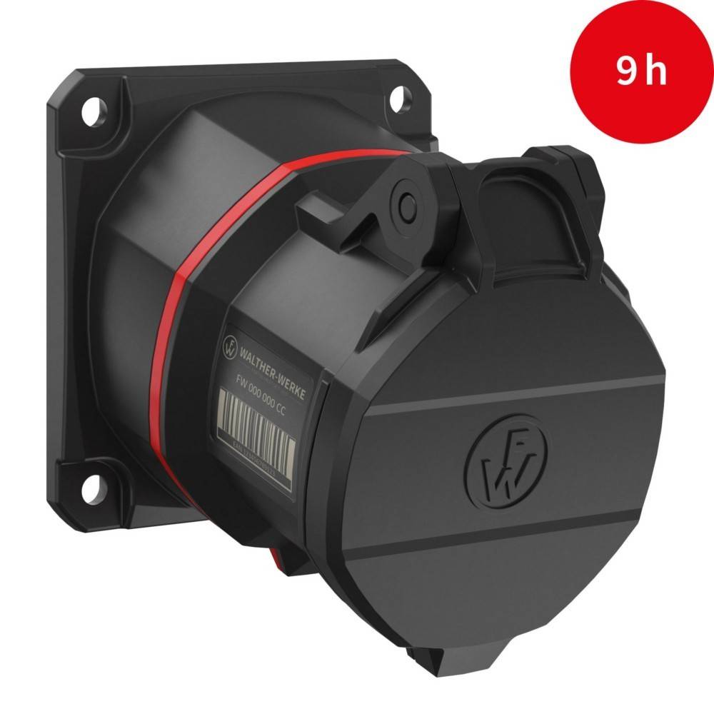 Ein schwarzer industrieller Hochleistungsstecker mit einer roten Anzeige, die eine '9h' Beschriftung zeigt, konzipiert für robuste elektrische Anwendungen.